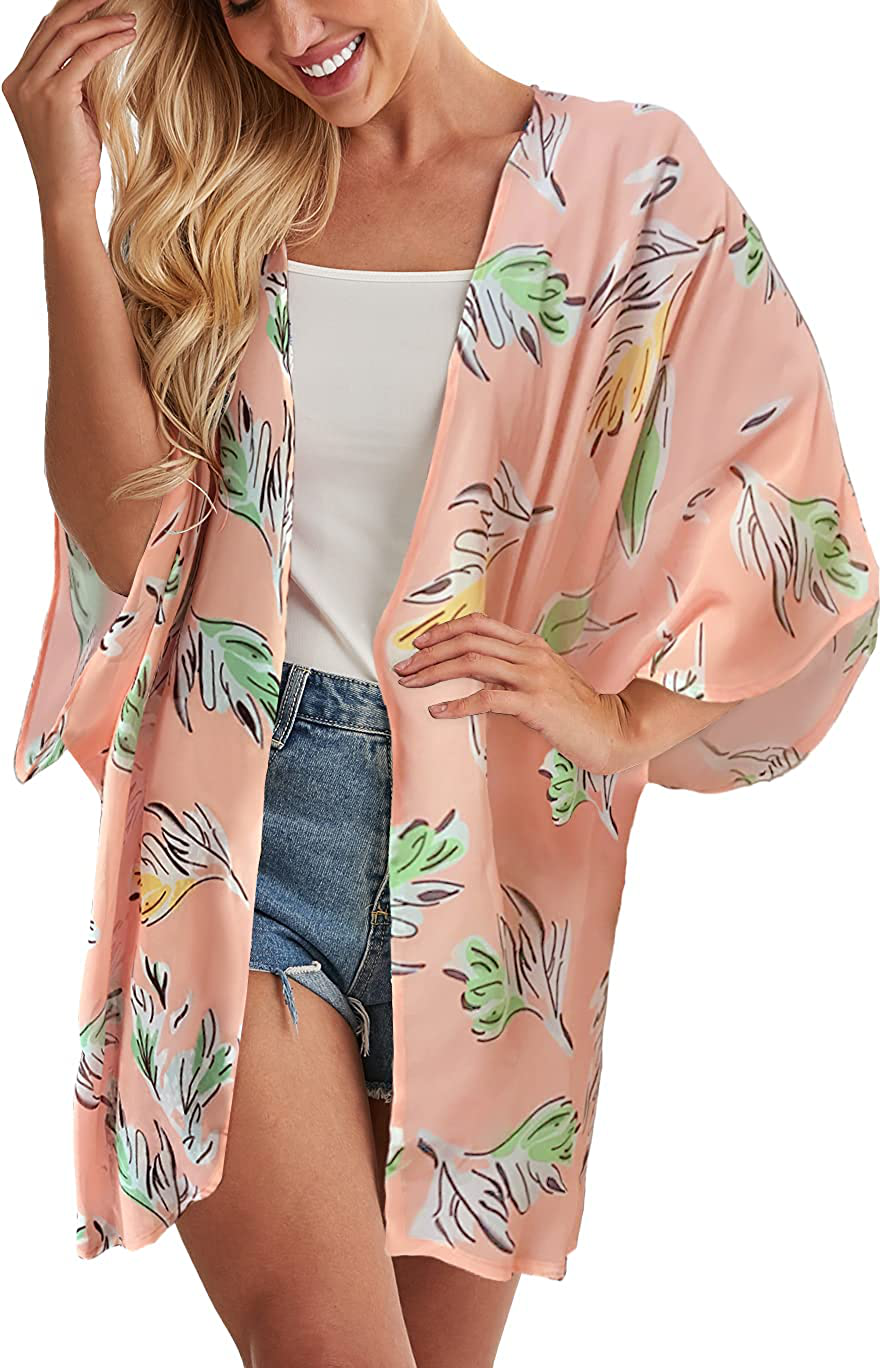 Women's Floral Print Puff Sleeve Kimono Cardigan Loose Cover Up Casual Blouse Tops