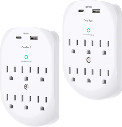 2 Pack Surge Protector Outlet, Multi Plug Outlet Adapter with 6 Wall Outlets 2 USB Wall Charger (1 USB C Port)