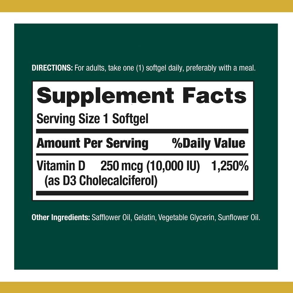 Nature's Bounty Vitamin D for Immune Support and Promotes Healthy Bones, 10000IU, Softgels, Multi-Color, 10,000 IU, 72 Count (Pack of 1)