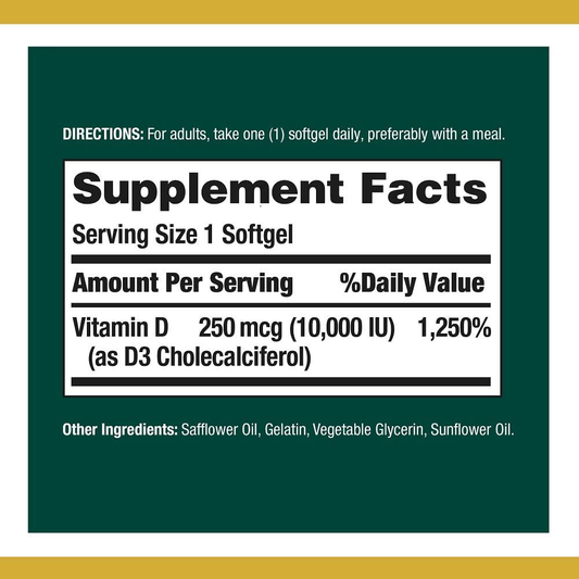 Nature's Bounty Vitamin D for Immune Support and Promotes Healthy Bones, 10000IU, Softgels, Multi-Color, 10,000 IU, 72 Count (Pack of 1)
