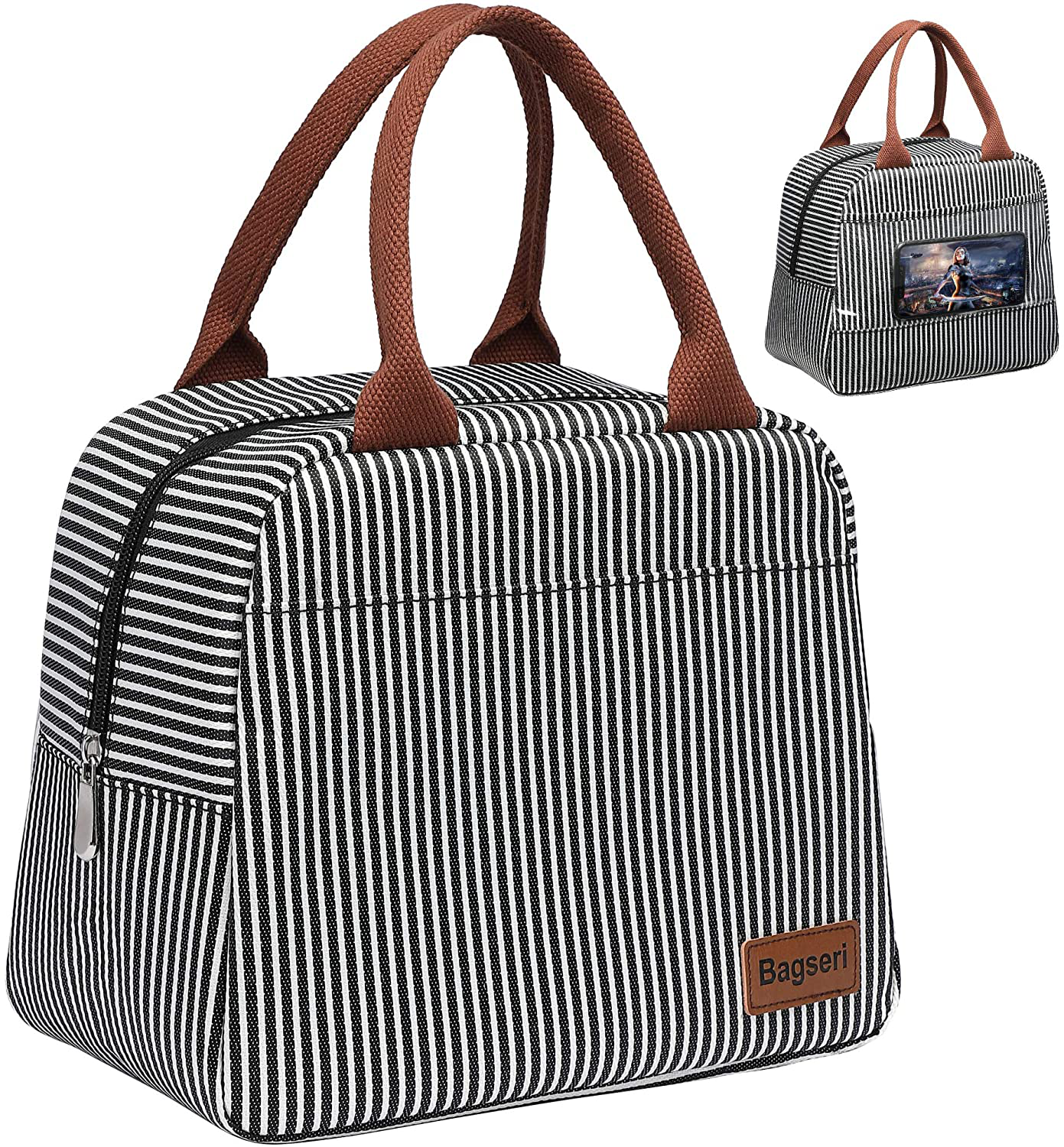 Lunch Bag, Bagseri Insulated Lunch Bags for Women and Men, with Transparent Phone Holder Pocket, Reusable Lunch Cooler Box Thermal Organizer, Water-resistant Lining (Black White Stripe)