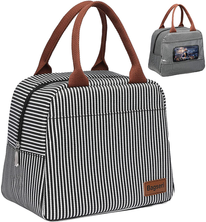 Lunch Bag, Bagseri Insulated Lunch Bags for Women and Men, with Transparent Phone Holder Pocket, Reusable Lunch Cooler Box Thermal Organizer, Water-resistant Lining (Black White Stripe)