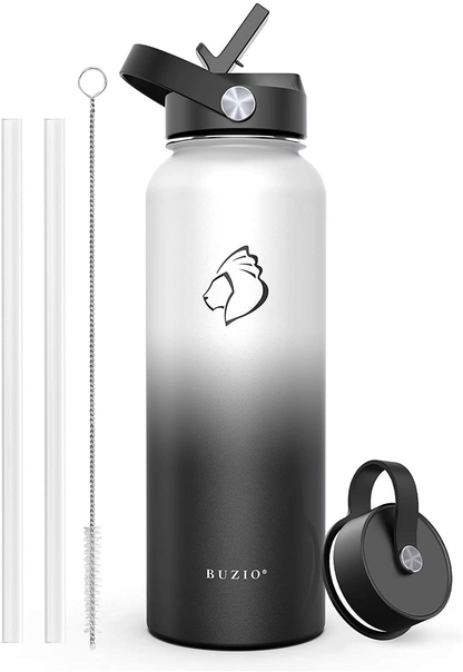 BUZIO Insulated Water Bottle with Straw Lid and Flex Cap, 32oz, 40oz, 64oz, 87oz Modern Double Vacuum Stainless Steel Water Flask, Cold for 48 Hrs Hot for 24 Hrs Simple Thermo Canteen Mug,BPA-Free