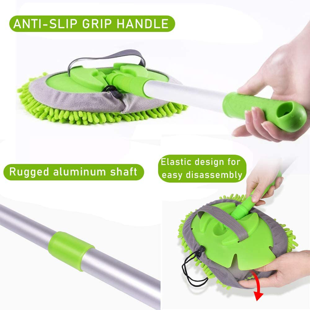 Yueiehe 2 in 1 Chenille Microfiber Car Wash Mop Mitt with 46" Aluminum Alloy Long Handle,Car Cleaning Kit Brush Duster,Scratch Free Cleaning Tool Dust Collector Supplies, 2Pcs Mop Head(Green)