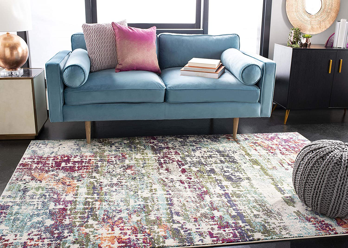 Safavieh Madison Collection MAD469B Modern Abstract Non-Shedding Stain Resistant Living Room Bedroom Runner, 2'2" x 10' , Cream / Blue