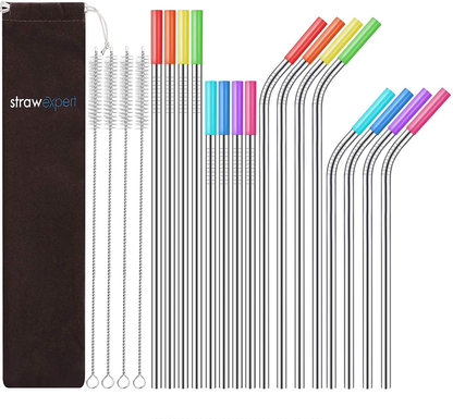 StrawExpert 16 Pack Black Reusable Metal Straws with Silicone Tip & Travel Case & Cleaning Brush,Long Stainless Steel Straws Drinking Straw for 20 and 30 oz Tumbler