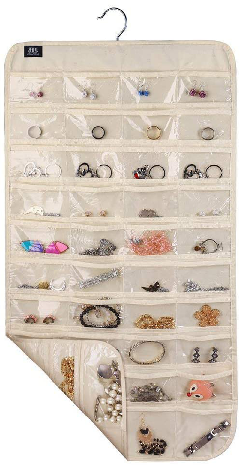 BB Brotrade Hanging Jewelry Organizer,Double Sided 56 Pockets&9 Hooks Accessories Organizer for Holding Jewelry(Beige-56 Pockets)