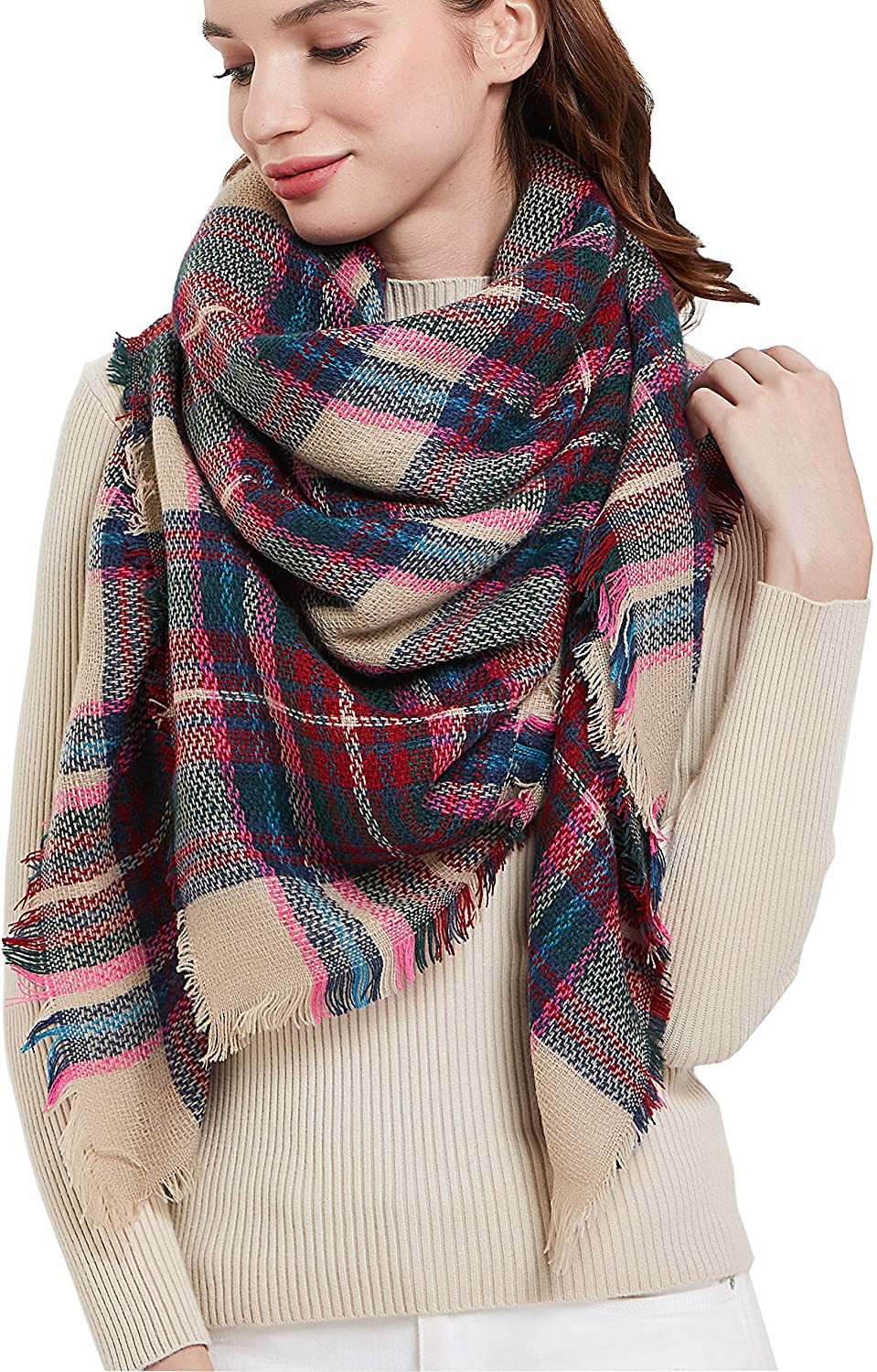 Wander Agio Womens Warm Scarf Square Winter Shawls Large Infinity Scarves Stripe Plaid Scarf