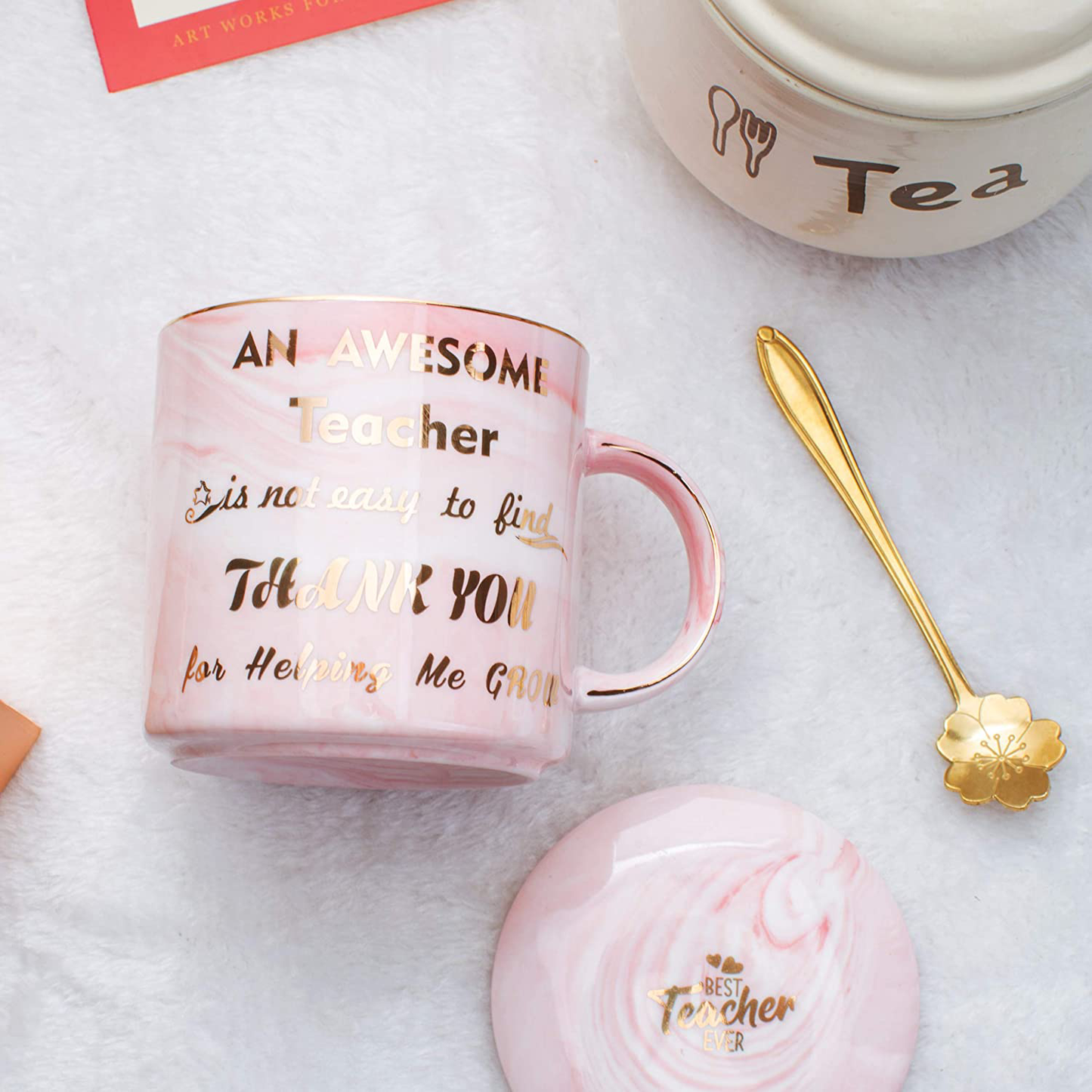 Luspan Teacher Gift - Teacher Appreciation Gifts - Best Gifts for Teachers - Best Teacher Gifts for Women - Pink Marble Ceramic Coffee Mugs 11.5oz and Lid