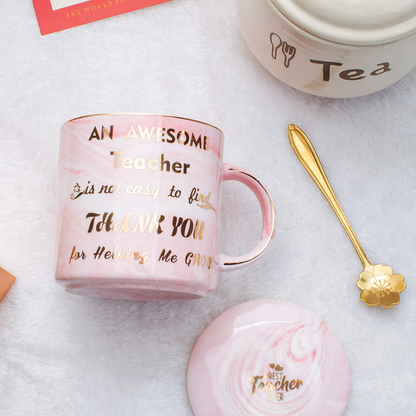 Luspan Teacher Gift - Teacher Appreciation Gifts - Best Gifts for Teachers - Best Teacher Gifts for Women - Pink Marble Ceramic Coffee Mugs 11.5oz and Lid