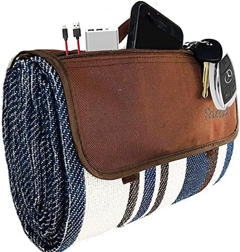Extra Large Picnic Blanket Dual Layers for Outdoor Water-Resistant Handy Mat Tote Spring Summer Blue and White Striped for The Beach, Camping on Grass