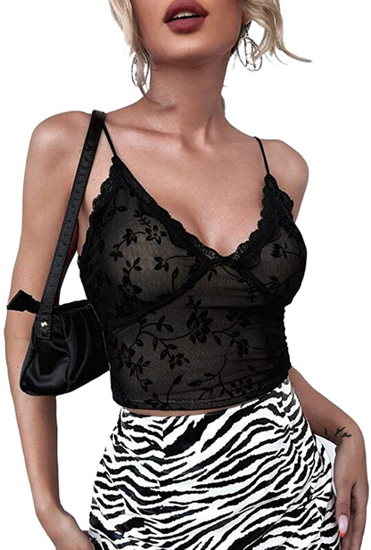 Women Y2K Cropped Tank Tops Sexy V Neck Spaghetti Strap Crop Top Lace Cami Shirt Sleeveless Patchwork Camisole