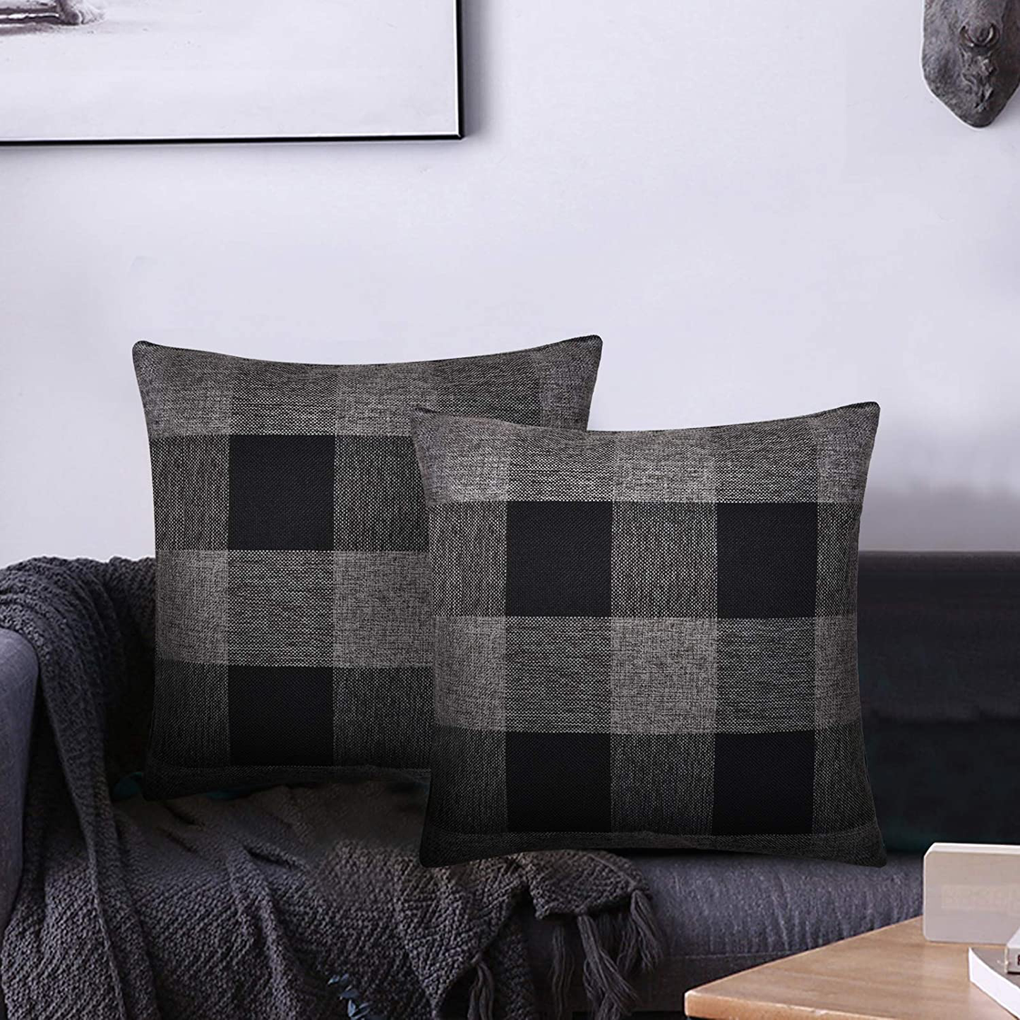 Set of 2 Lumbar Throw Pillow Covers Farmhouse Classic Retro Checkers Plaids Cotton Linen Decorative Square Pillowcase Cushion Cover for Sofa Bedroom Car