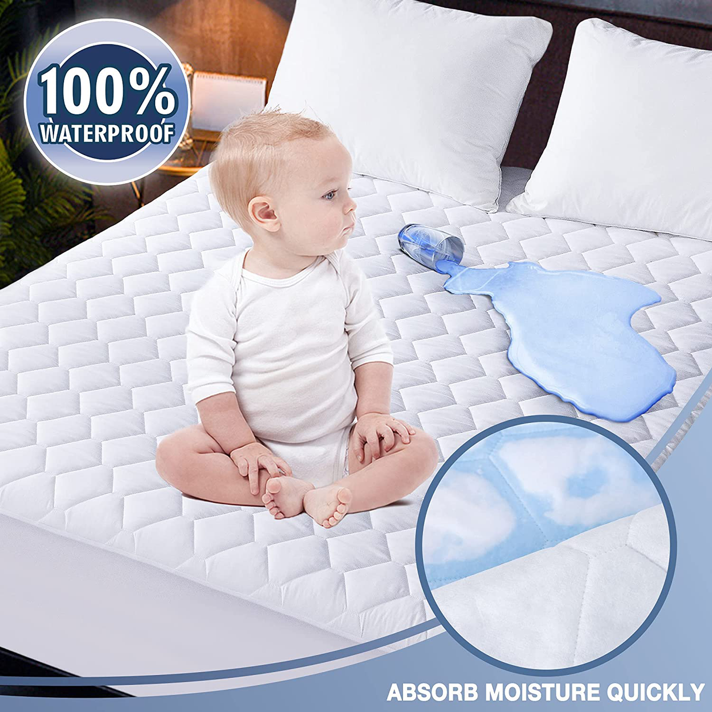 Waterproof Mattress Pad King Size, Soft and Breathable Quilted Mattress Protector, 6''-18'' Deep Pocket Fitted Mattress Cover, White