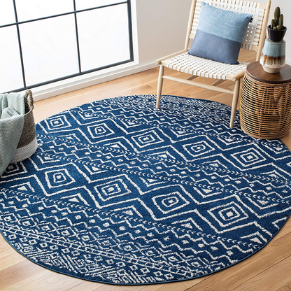 Safavieh Tulum Collection TUL267N Moroccan Boho Distressed Non-Shedding Dining Room Entryway Foyer Living Room Bedroom Area Rug, 5' x 5' Round, Navy / Ivory