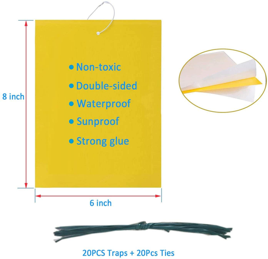 20-Pack Dual-Sided Yellow Sticky Traps for Flying Plant Insect Like Fungus Gnats, Aphids, Whiteflies, Leafminers