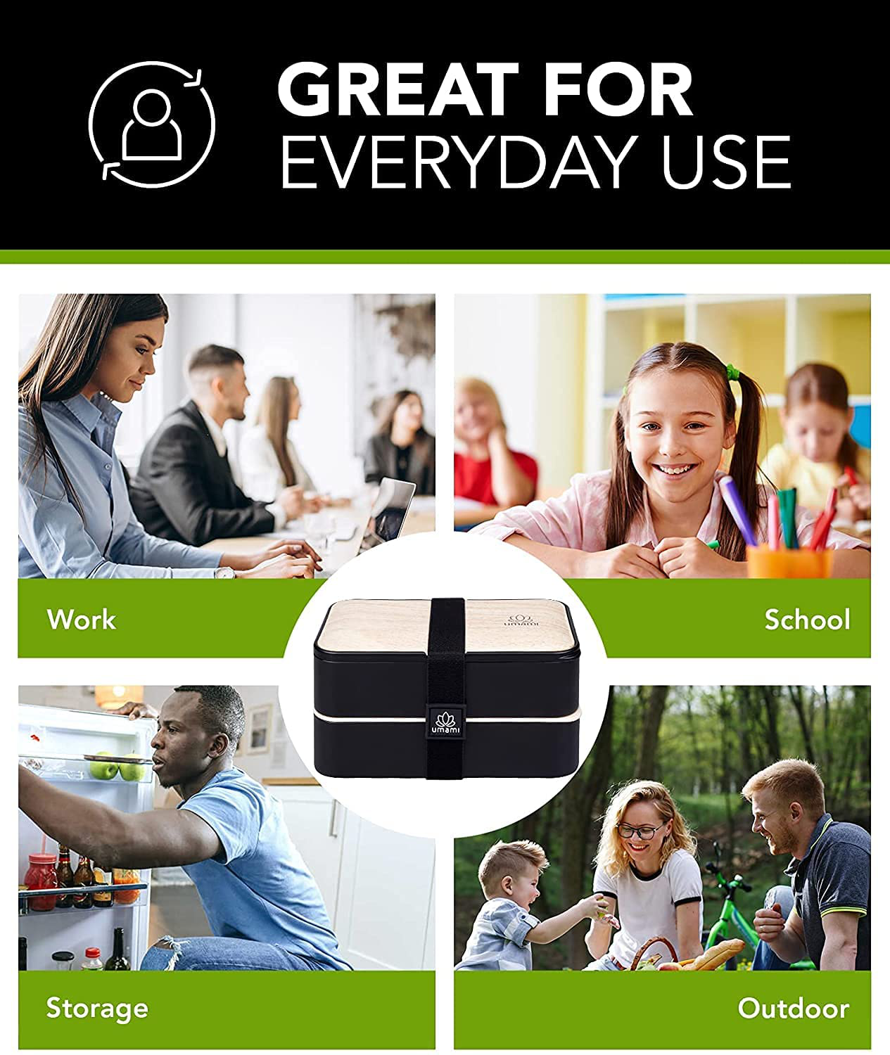 UMAMI Glass & Bamboo Bento Box for Adults/Children, 1 Meal Prep Lunch Box Food Containers for Men/Women, Microwave, Dishwasher & Freezer Safe