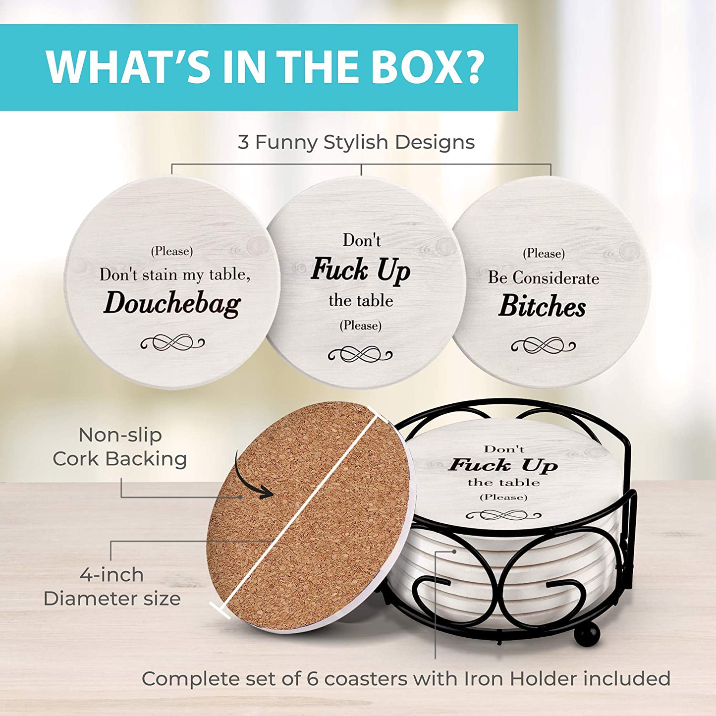 Funny Coasters for Drinks with Holder - Absorbent Drink Coasters Set 6 Pcs - 3 Sayings - Housewarming Gift for Friends - Men, Women Birthday - Cool Home Decor - Living Room, Kitchen, Bar Decorations