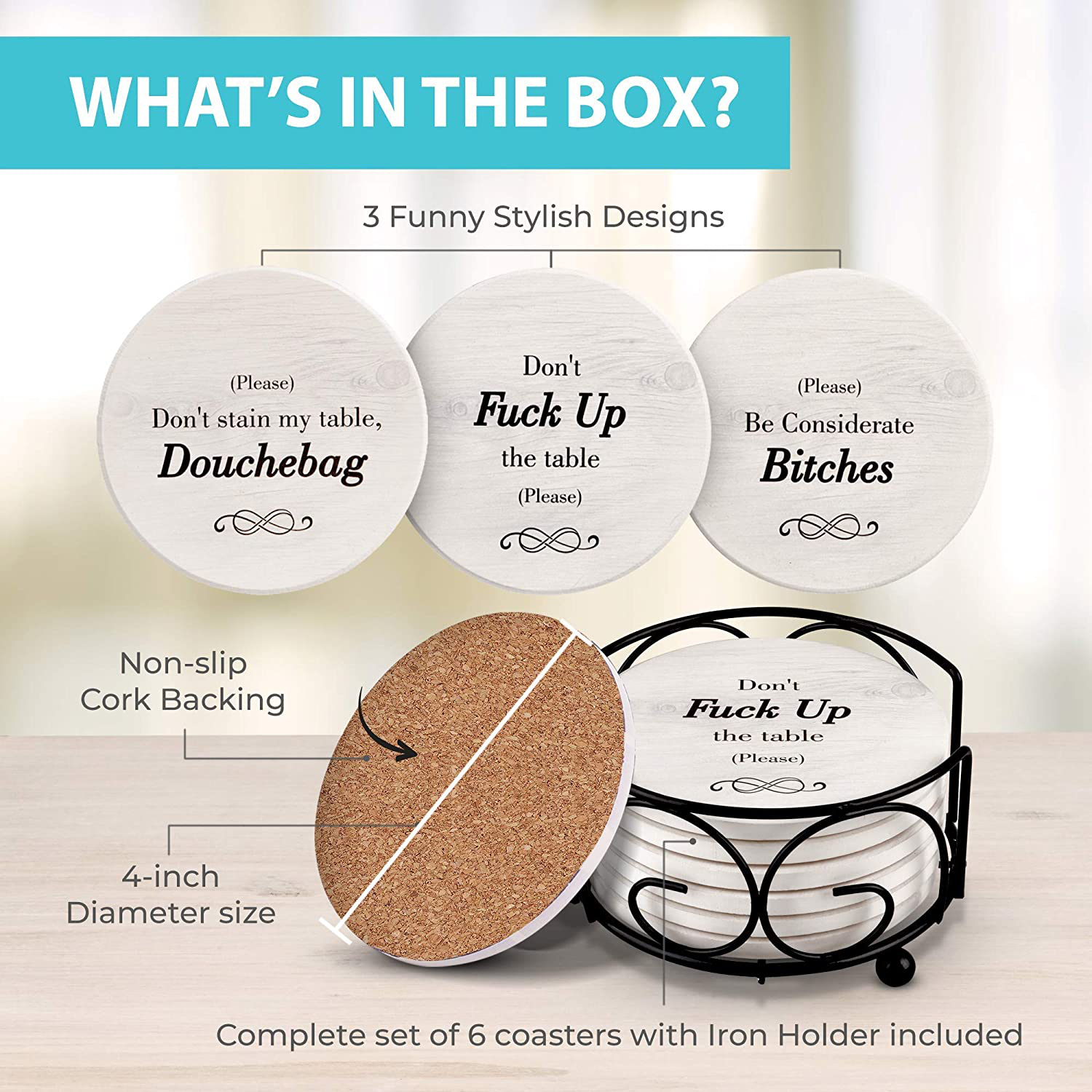 Funny Coasters for Drinks with Holder - Absorbent Drink Coasters Set 6 Pcs - 3 Sayings - Housewarming Gift for Friends - Men, Women Birthday - Cool Home Decor - Living Room, Kitchen, Bar Decorations
