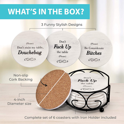 Funny Coasters for Drinks with Holder - Absorbent Drink Coasters Set 6 Pcs - 3 Sayings - Housewarming Gift for Friends - Men, Women Birthday - Cool Home Decor - Living Room, Kitchen, Bar Decorations
