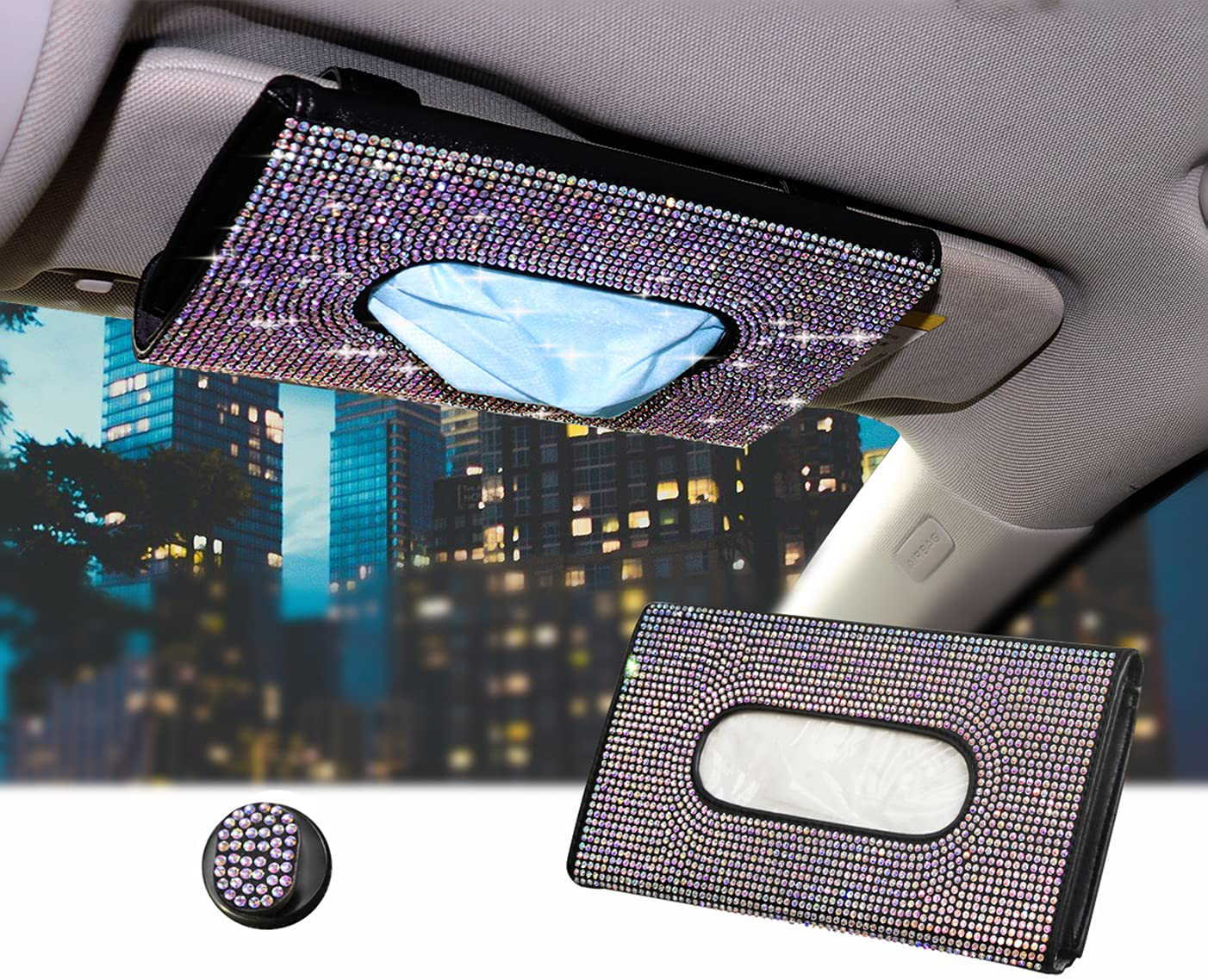 HTXJ-MF Car Visor Tissue Holder Leather Mask Box Sparkling Bling Crystals Cover Case & Glitter Mask Hook Clip for Women (Black)