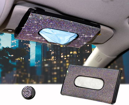 HTXJ-MF Car Visor Tissue Holder Leather Mask Box Sparkling Bling Crystals Cover Case & Glitter Mask Hook Clip for Women (Black)