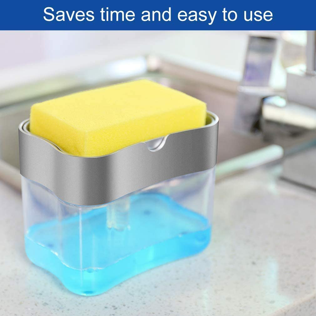 Aeakey Soap Dispenser,Dish Soap Dispenser for Kitchen,Sponge Holder Sink Dish Washing Soap Dispenser 13 Ounces (Silver)