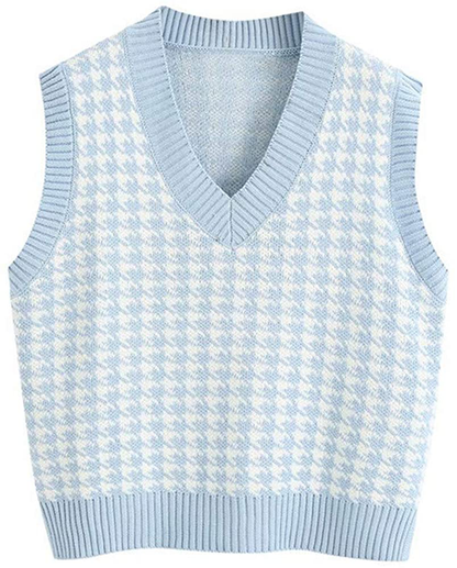 Jlihang Oversized Houndstooth Knitted Vest Sweater Vintage V Neck Loose Sleeveless Sweater
