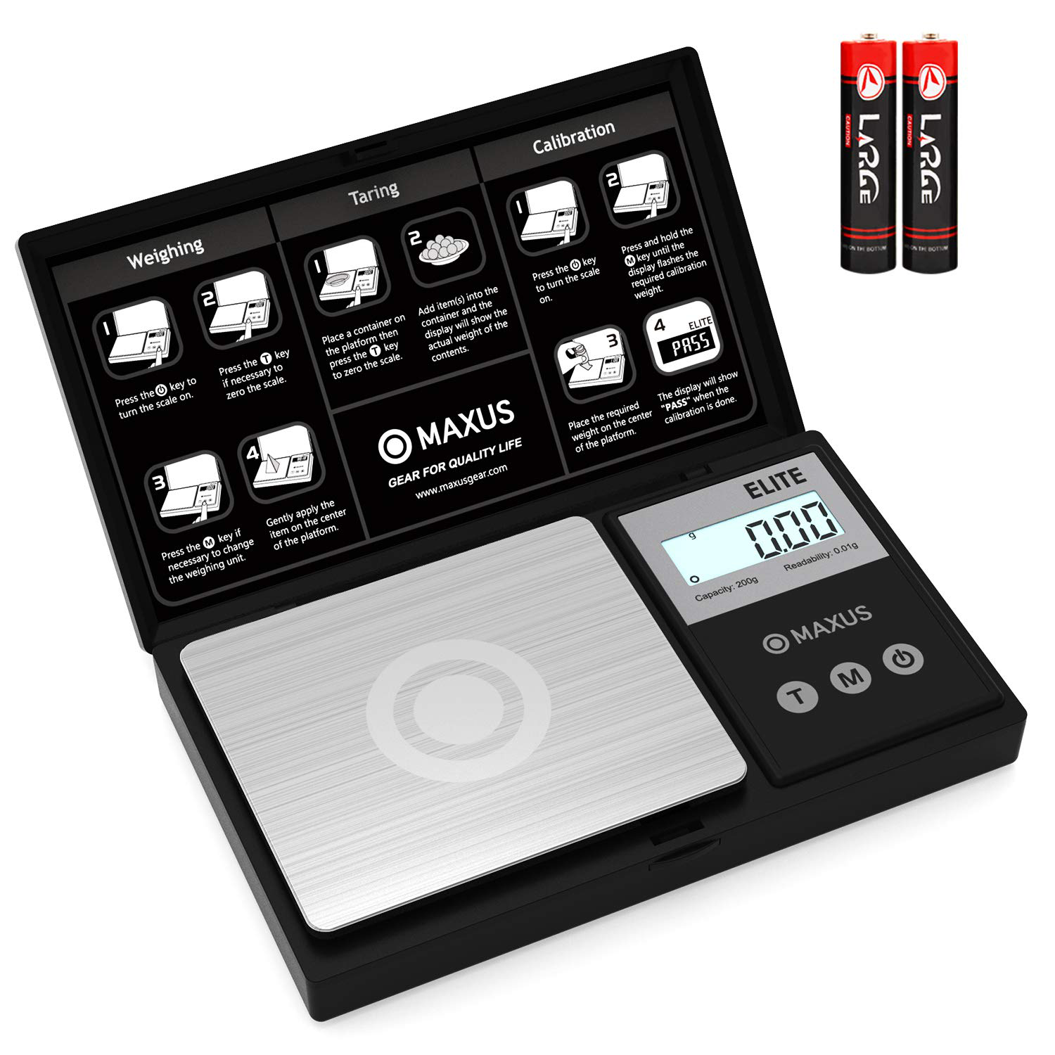 Precision Pocket Scale 200g x 0.01g, MAXUS Elite Digital Gram Scale Small Herb Scale Mini Food Scale Jewelry Scale Ounces/ Grains Scale, Easy to Carry, Great for Travel ,Backlit LCD, Stainless Steel