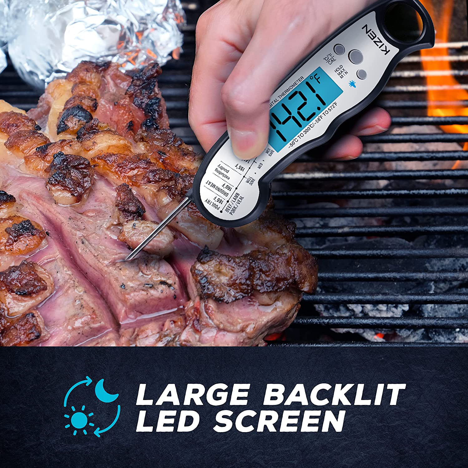 Kizen Digital Meat Thermometers for Cooking - Waterproof Instant Read Food Thermometer for Meat, Deep Frying, Baking, Outdoor Cooking, Grilling, & BBQ (Black/White)