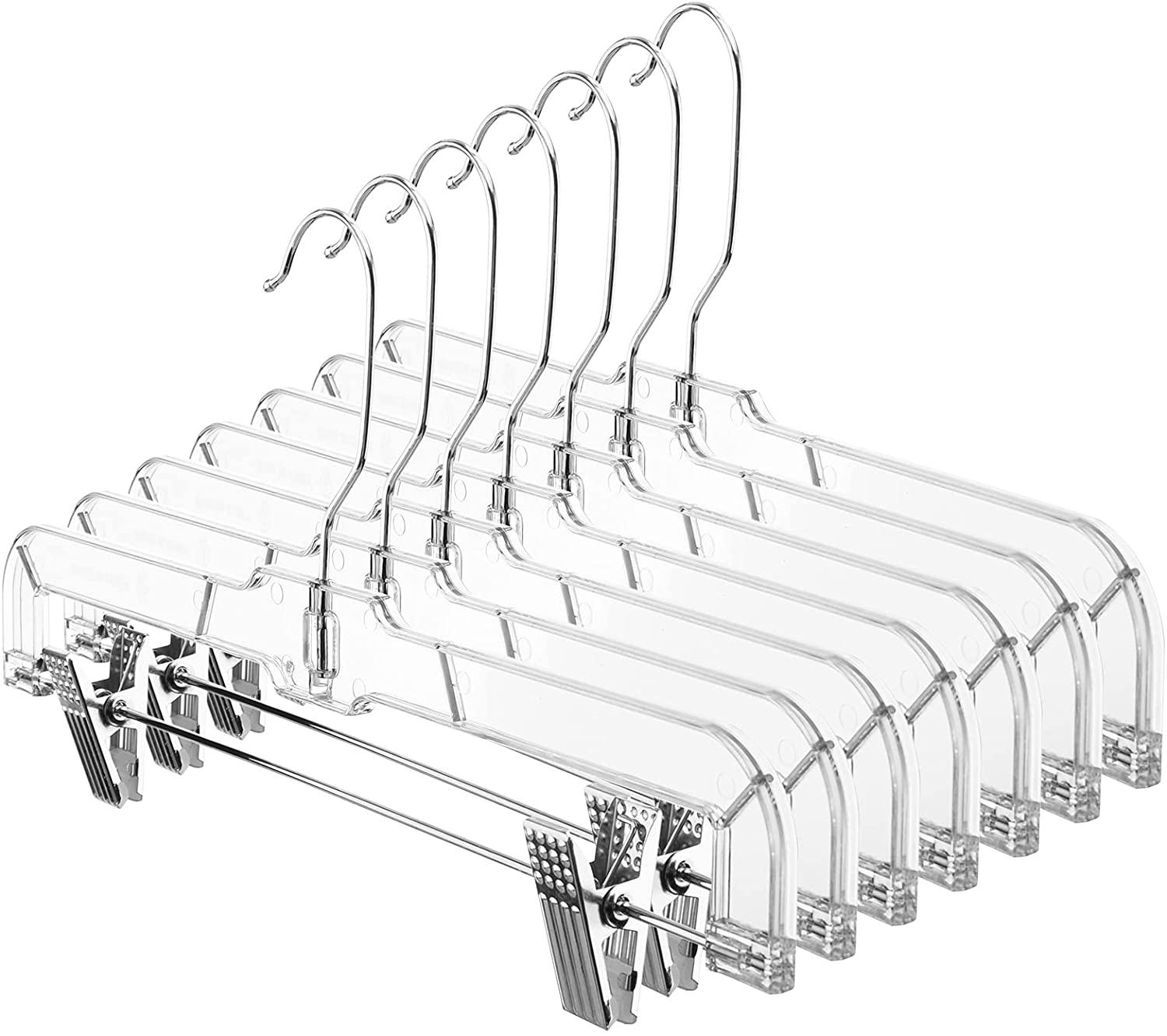 HOUSE DAY 12 Pack 14 inch Clear Plastic Skirt Hangers with Adjustable Clips, Pants Hangers 360-Rotating Swivel Hook, Clip Hangers for Pants, Trousers, Skirts, Jeans, Bulk Plastic Hangers
