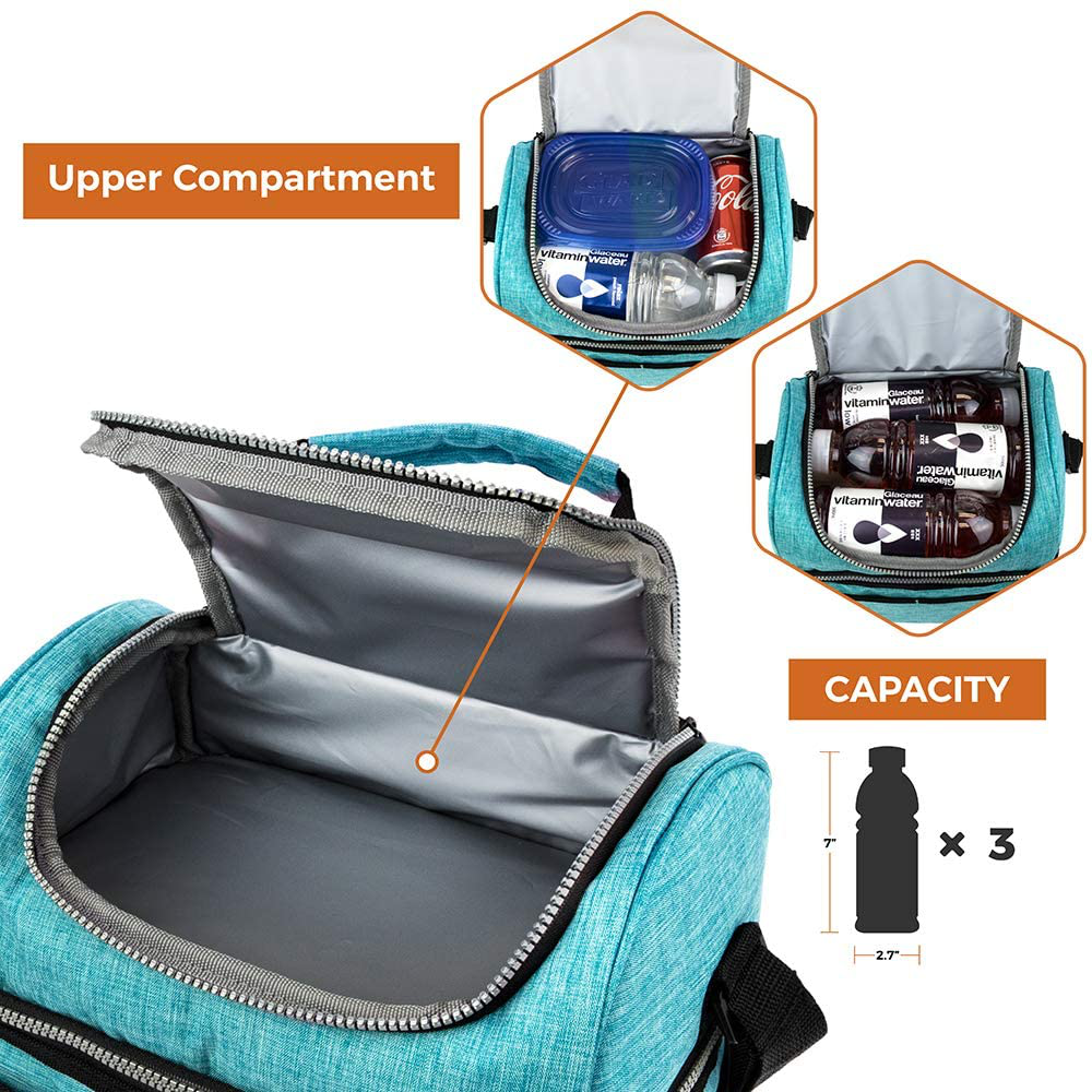 Insulated Dual Compartment Lunch Bag for Women, Ladies | Double Deck Reusable Lunch Box Cooler with Shoulder Strap, Leakproof Liner | Medium Lunch Pail for School, Work, Office (Heather Pink)