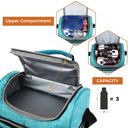 Insulated Dual Compartment Lunch Bag for Women, Ladies | Double Deck Reusable Lunch Box Cooler with Shoulder Strap, Leakproof Liner | Medium Lunch Pail for School, Work, Office (Heather Pink)