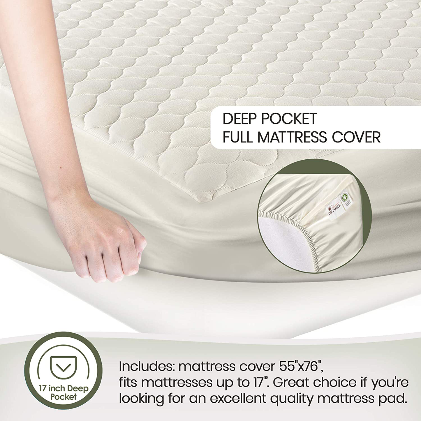 Whisper Organics 100% Organic Cotton Quilted Mattress Cover, 17" Deep - GOTS Certified (California King)