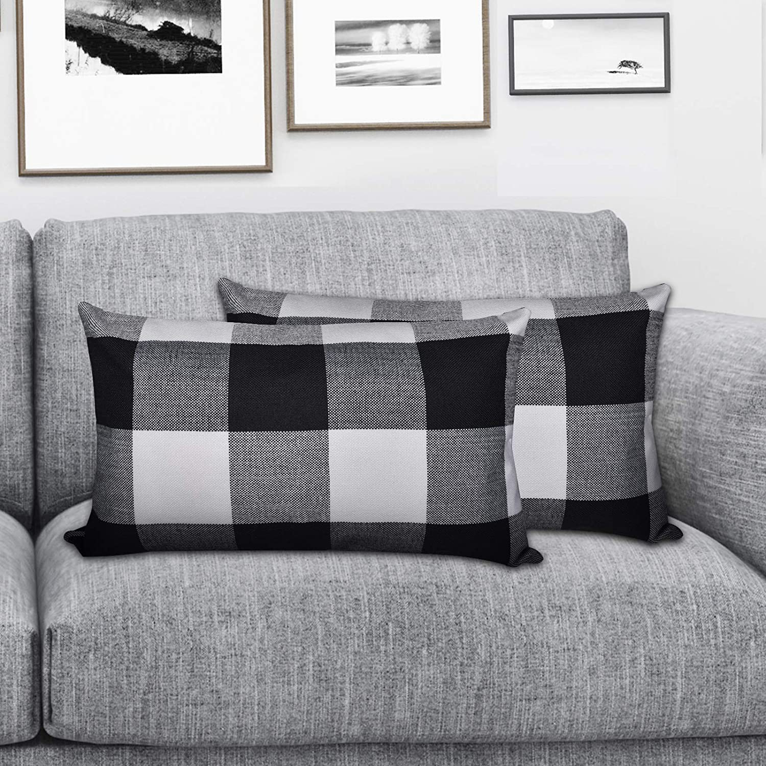 Set of 2 Lumbar Throw Pillow Covers Farmhouse Classic Retro Checkers Plaids Cotton Linen Decorative Square Pillowcase Cushion Cover for Sofa Bedroom Car
