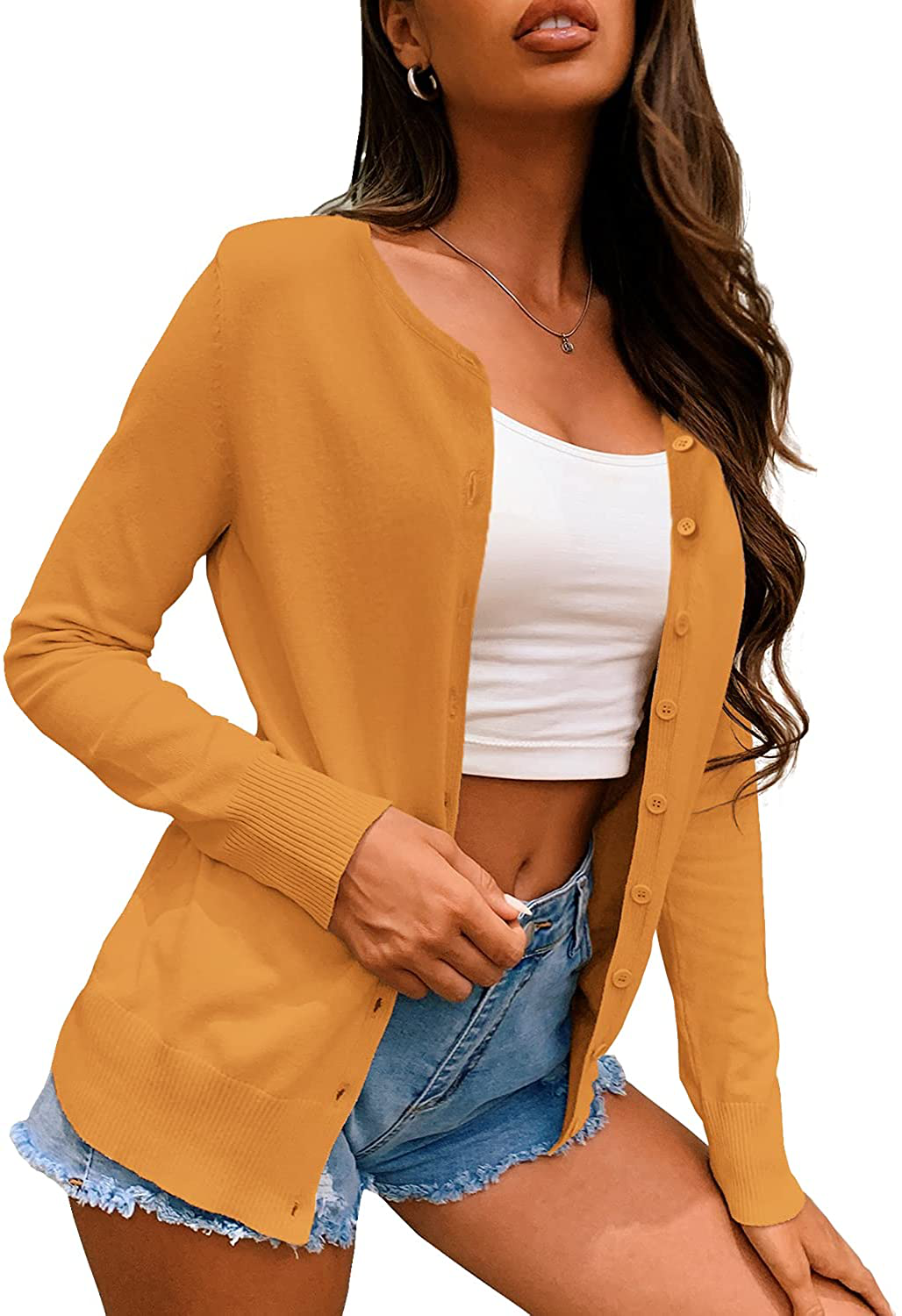 a.Jesdani Women's Button Down Crew Neck Long Sleeve Soft Knit Cardigan Sweaters