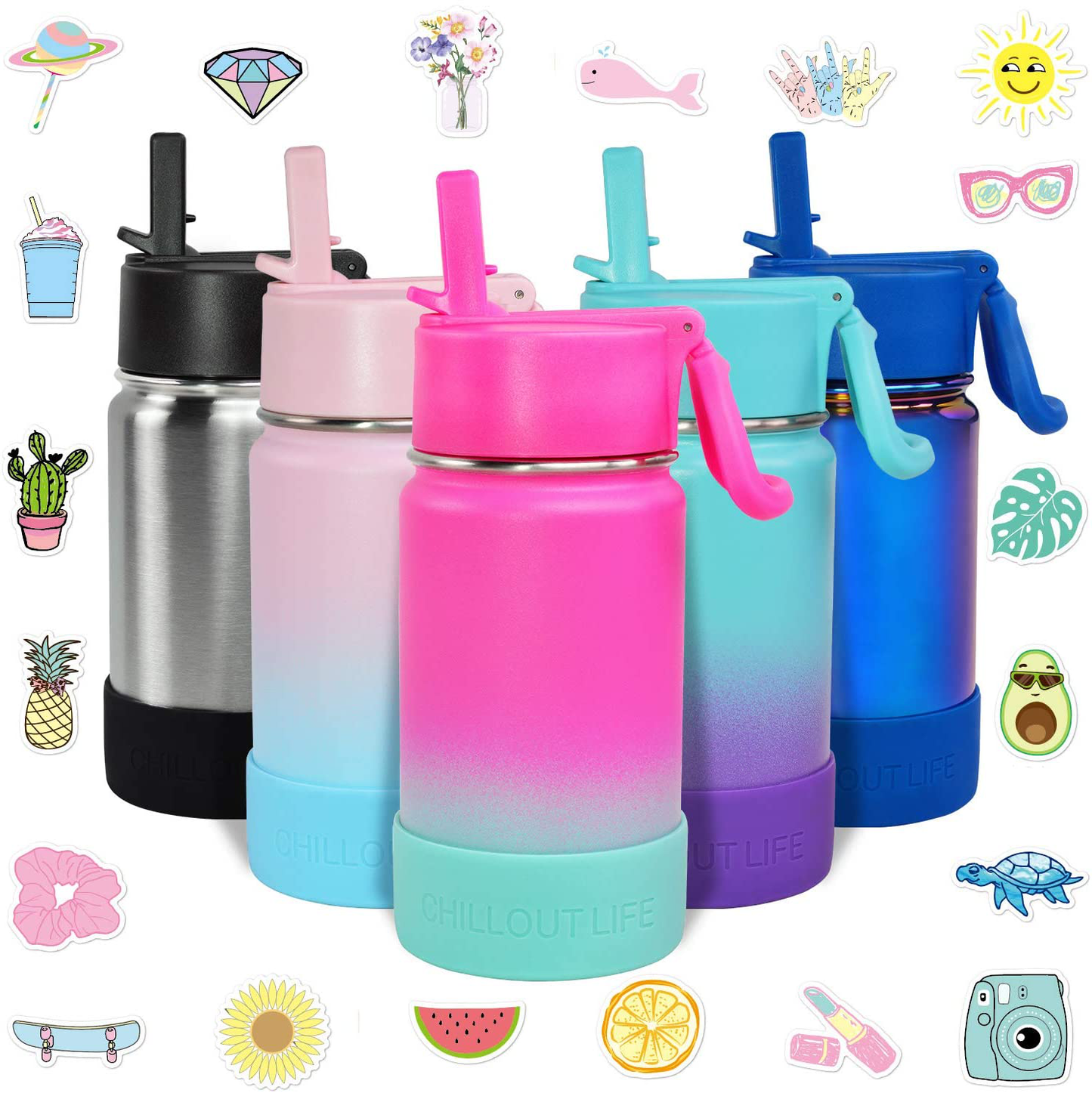 CHILLOUT LIFE 17 oz Insulated Water Bottle with Straw Lid for Kids and Adult + 20 Cute Waterproof Stickers - Perfect for Personalizing Your Kids Metal Water Bottle