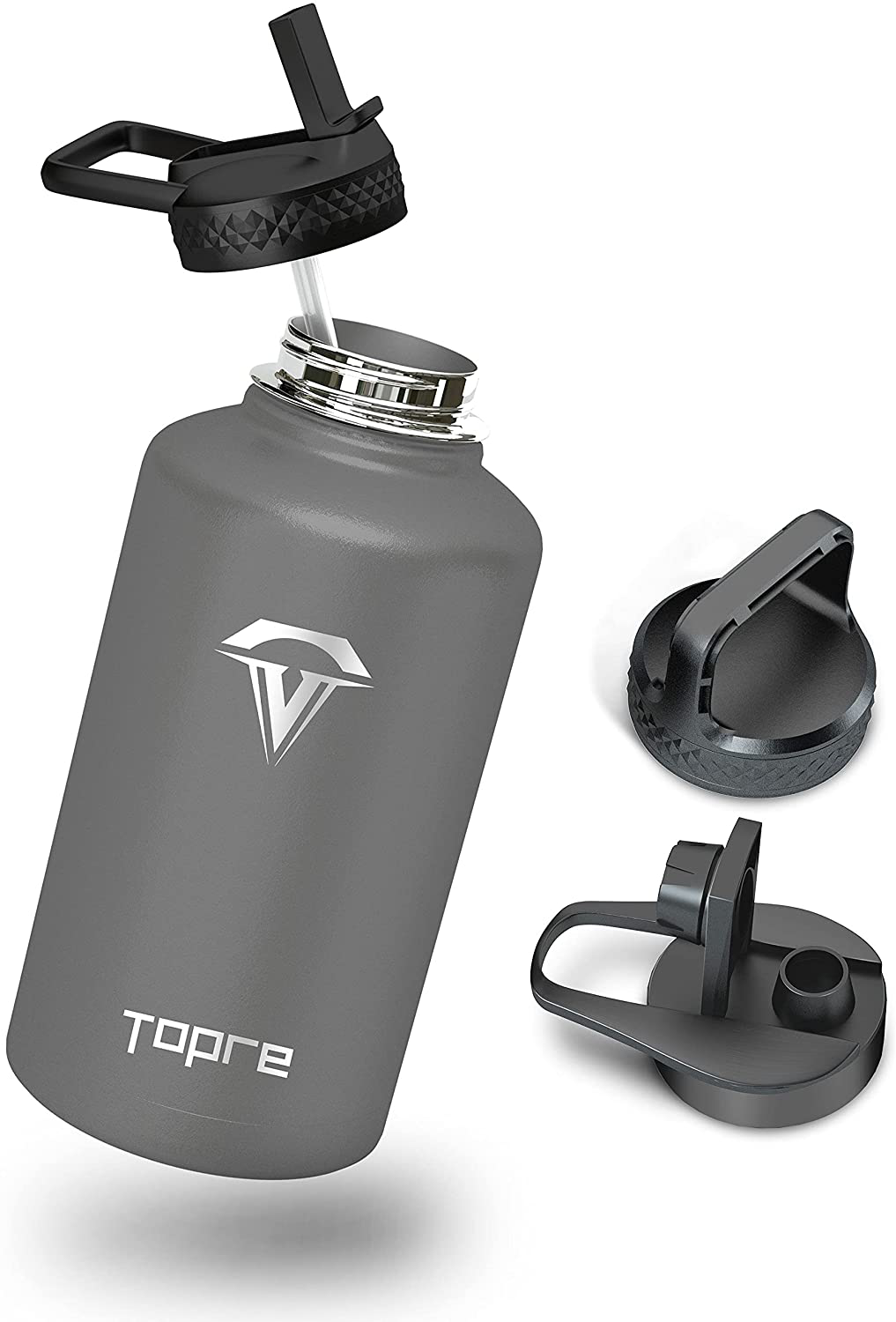 64 oz Insulated Water Bottle, Topre Half Gallon Vacuum Stainless Steel Sports Water Jug with 3 Lids & Brushes, BPA-free Reusable Triple Walled Thermo Mug Canteen for Sports Outdoor Camping, Black