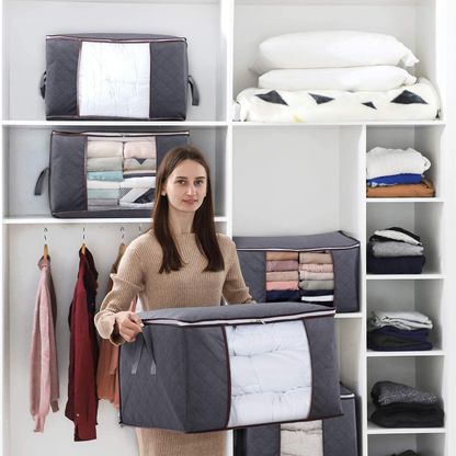 Lifewit Large Capacity Clothes Storage Bag Organizer with Reinforced Handle Thick Fabric for Comforters, Blankets, Bedding, Foldable with Sturdy Zipper, Clear Window, 6 Pack, 90L, Grey