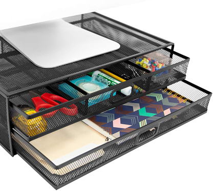 MOUNT-IT! Mesh Computer Monitor Stand Riser [Metal] Desk Organizer with Two Pullout Storage Drawers for Desktop, Laptop, and Printer Accessories and Office Supplies (Black)