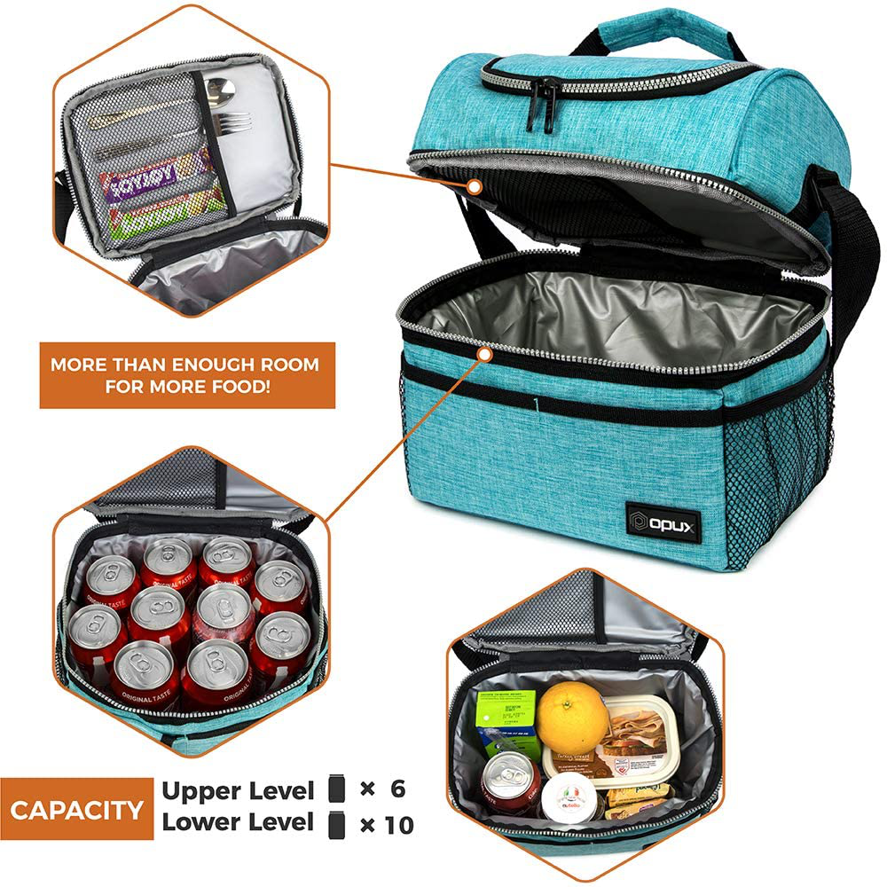 Insulated Dual Compartment Lunch Bag for Men, Women | Double Deck Reusable Lunch Box Cooler with Shoulder Strap, Leakproof Liner | Medium Lunch Pail for School, Work, Office (Charcoal Gray)