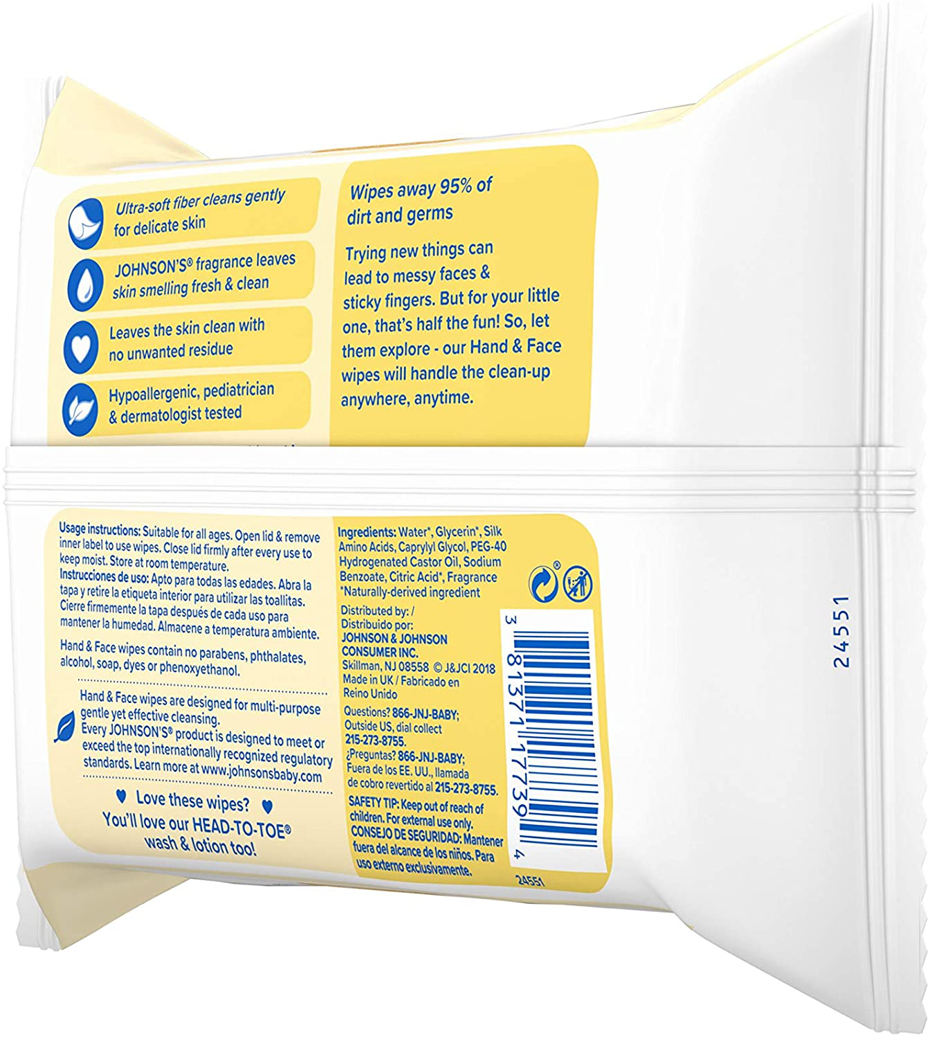 Johnson's Baby Hand & Face Baby Sanitizing Cleansing Wipes for Travel and OnTheGo, No More Tears Formula, Paraben and Alcohol Free, White, 25 Count