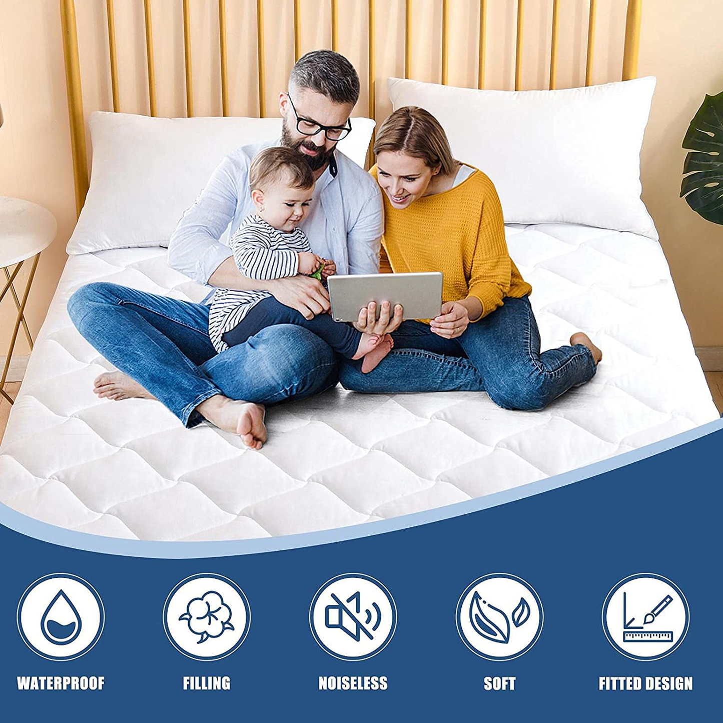 Cal King Size Quilted Fitted Mattress Pad, Waterproof Breathable Cooling Mattress pad, Stretches up to 21 Inches Deep Pocket Hollow Alternative Filling Noiseless Mattress Cover