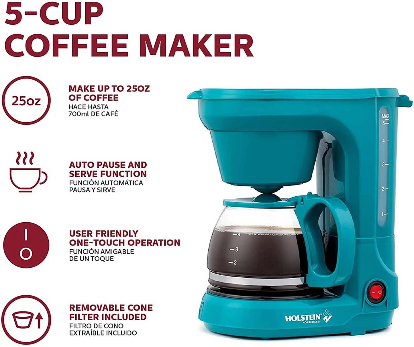  5-Cup Compact Coffee Maker-Convenient and User Friendly with Auto Pause and Serve Functions