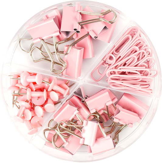 DANRONG 97 PCS Office Supplies for Women, Paper Clips, Binder Clips and Push Pins Set, Paperclips Thumb Tacks School and Home Desk Supplies, Desk Organized (Pink)