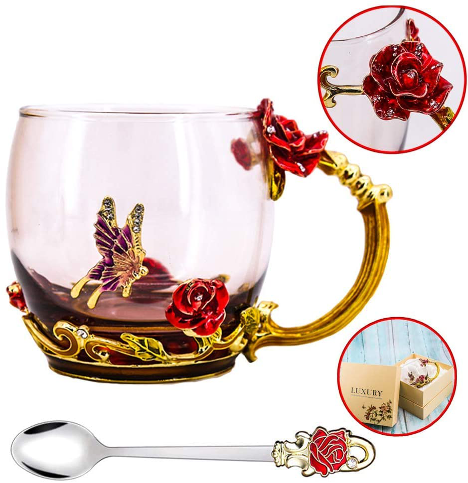 Luka Tech Enamels Butterfly flower Ceramic Coffee Mugs Tea Cup with Steel Spoon, personalised Gifts For Women Wife Mom Friends Birthday Mothers Valentines Day Wedding (White)