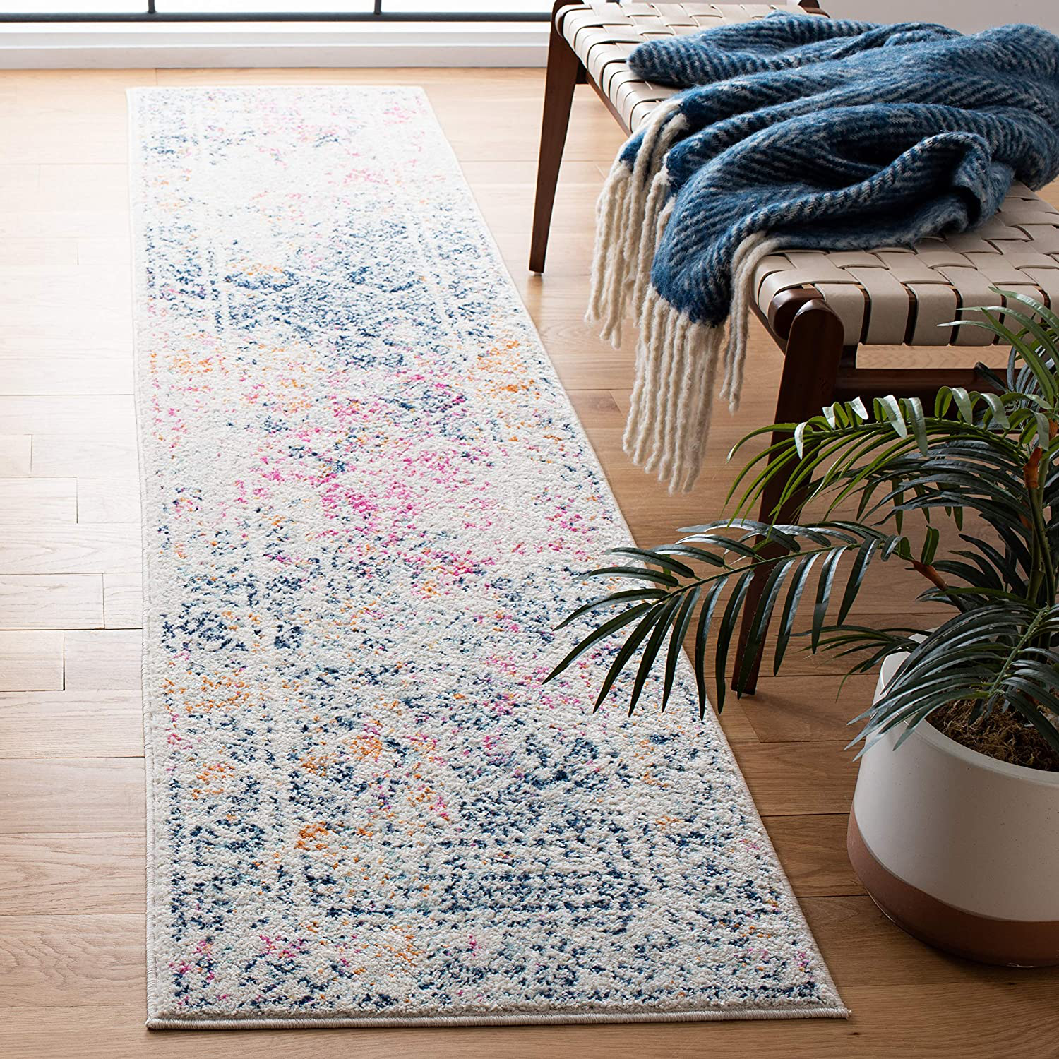 Safavieh Tulum Collection TUL264D Moroccan Boho Distressed Non-Shedding Stain Resistant Living Room Bedroom Runner, 2' x 11' , Ivory / Dark Blue