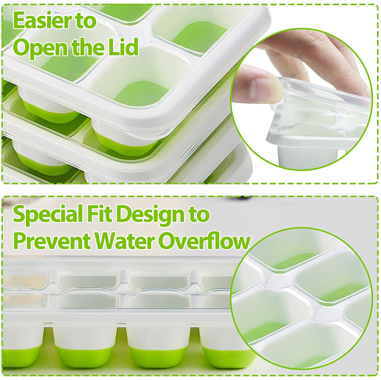DOQAUS Ice Cube Trays 4 Pack, Easy-Release Silicone & Flexible 14-Ice Cube Trays with Spill-Resistant Removable Lid, LFGB Certified and BPA Free, for Cocktail, Freezer, Stackable Ice Trays with Covers