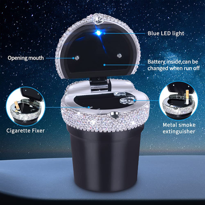 eing Car Ashtray Portable Bling Cigarette Smokeless Cylinder Cup Holder with Blue LED Light Indicator,Car Accessories for Women,Ideal for Car,Home and Office,Black