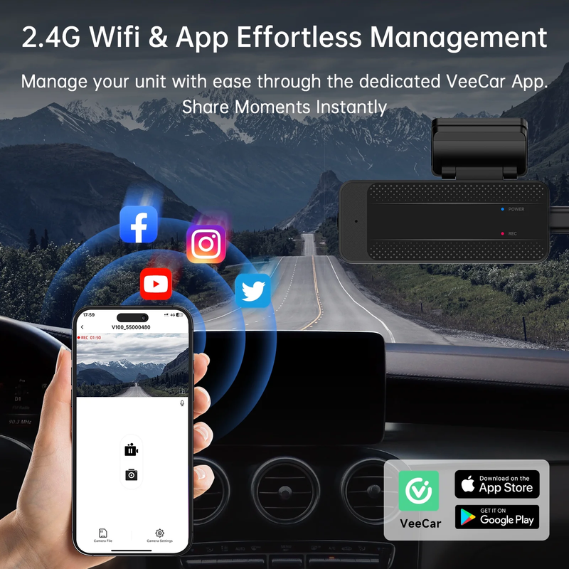 Dash Cam Front Wifi 1296P with Night Vision, APP, 24H Parking Mode, and Loop Recording